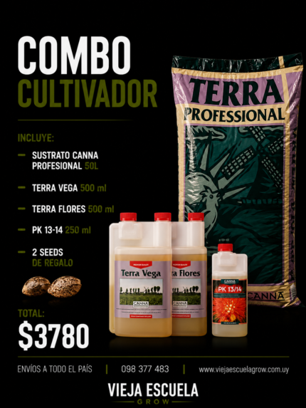 Combo Cultivador CANNA Terra Professional 50L + Terra Vega 500 ml + Terra Flores 500 ml + PK 13/14 250 ml + 2 Semillas