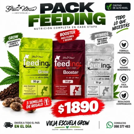 Pack Green House Feeding Grow + Booster + Hybrids 50 g + 3 Semillas de Regalo