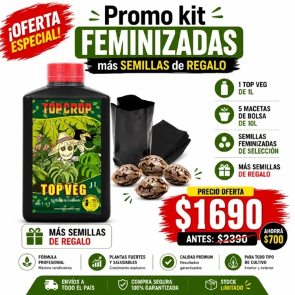 Promo Kit Feminizadas – Top Veg 1L + 5 Macetas 10L + Semillas Feminizadas